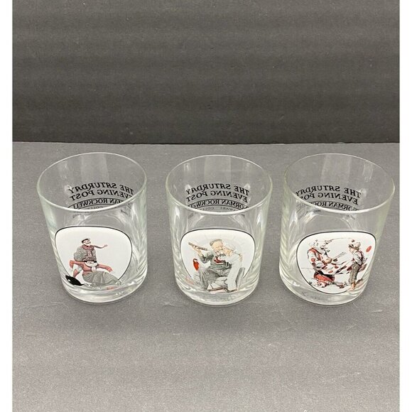 Vintage Norman Rockwell Saturday Evening Post On The Rocks Glasses Set‎ of 3 - Picture 2 of 13